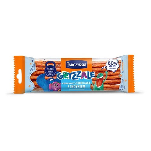Tarczyński Gryzzale, kabanosy drobiowe z kurczaka i indyka. Opakowanie w kolorach pomarańczowym i niebieskim, z grafiką przedstawiającą potworki. Produkt reklamowany jako wysokobiałkowy i zawierający 60% mniej tłuszczu.