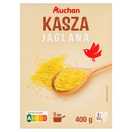 Opakowanie kaszy jaglanej Auchan, 400 g (4x 100 g). Na opakowaniu grafika kaszy na drewnianej łyżce i czerwony ptak.