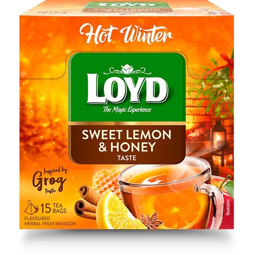 Opakowanie herbaty Loyd Hot Winter o smaku słodkiej cytryny i miodu. Zawiera 15 torebek aromatycznego naparu ziołowo-owocowego.