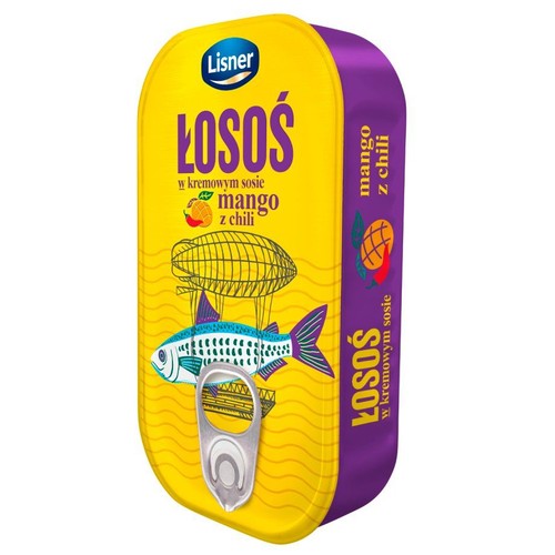 Opakowanie Lisner Łosoś z mango i chili. Żółta puszka z fioletowym bokiem, ozdobiona grafiką ryby.