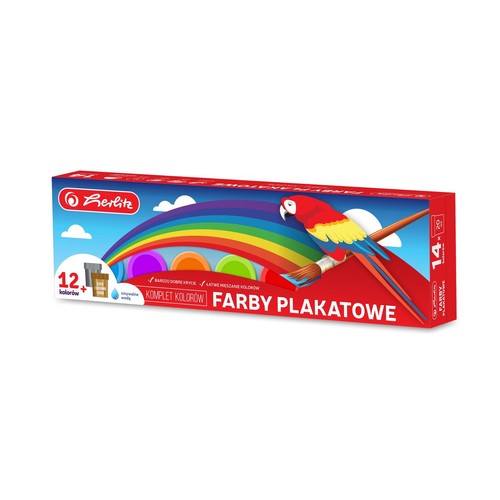 Czerwono-niebieskie pudełko farb plakatowych Berlitz z tęczą, chmurami i papugą trzymającą pędzel.