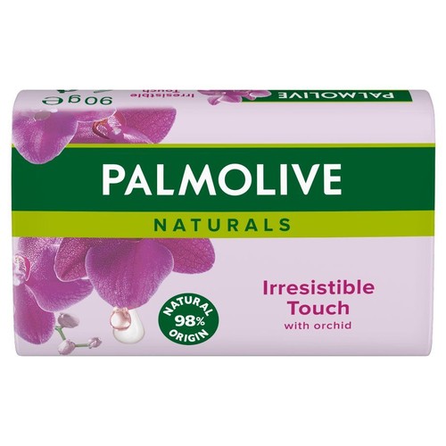 Opakowanie mydła Palmolive Naturals Irresistible Touch z orchideą, 90g. Fioletowe kwiaty na jasnym tle.