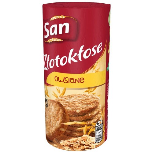 Opakowanie ciastek owsianych San Złotokłose w kolorze czerwonym. Grafika przedstawia stos ciastek i płatki owsiane.