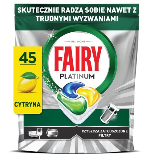 Opakowanie Fairy Platinum All in One, 45 kapsułek do zmywarki o zapachu cytrynowym.