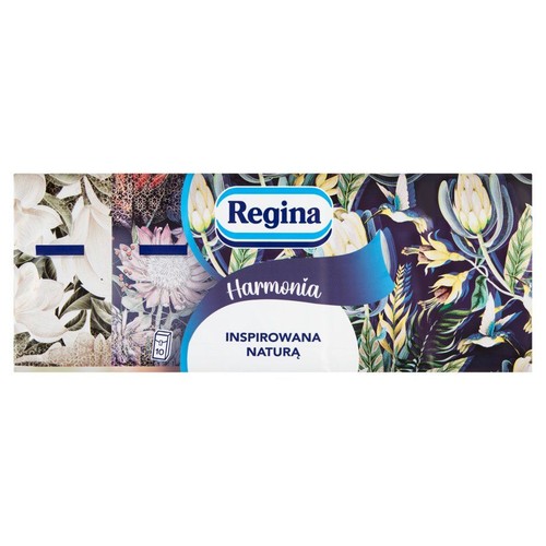 Pudełko Regina Harmonia z eleganckim, kwiatowym wzorem. Widoczne białe i ciemne motywy roślinne oraz logo marki.