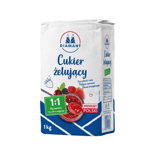 Białe opakowanie cukru żelującego Diamant o wadze 1 kg. Na froncie widnieje duży napis "Cukier żelujący" oraz grafika miseczki z czerwonym dżemem otoczonej świeżymi owocami leśnymi. Podkreślono proporcję 1:1 i pochodzenie: Produkt Polski.