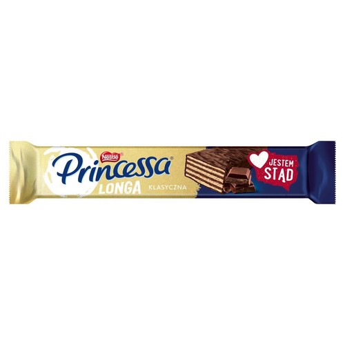 Baton Princessa Longa Klasyczna w podłużnym, biało-złotym opakowaniu. Na opakowaniu widnieje nazwa produktu, logo Nestle oraz grafika przedstawiająca warstwowy wafelek oblany czekoladą i kawałki czekolady.