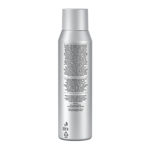 Tylna strona srebrnego antyperspirantu w sprayu Adidas Pro Invisible. Chroni przed białymi i żółtymi plamami. Formuła wegańska.