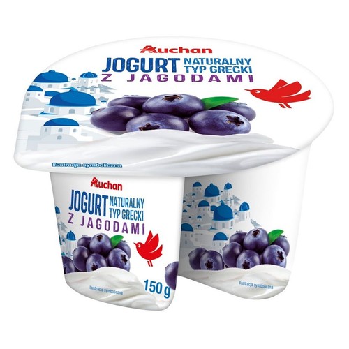 Auchan Jogurt Naturalny Typ Grecki z Jagodami, 150g. Podwójne opakowanie z ilustracją jagód, ptaka i greckiej wioski.