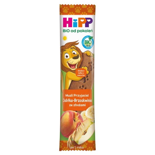 Opakowanie HiPP Musli Przyjaciel o smaku jabłka i brzoskwini ze zbożami. Produkt BIO dla dzieci powyżej 1. roku.