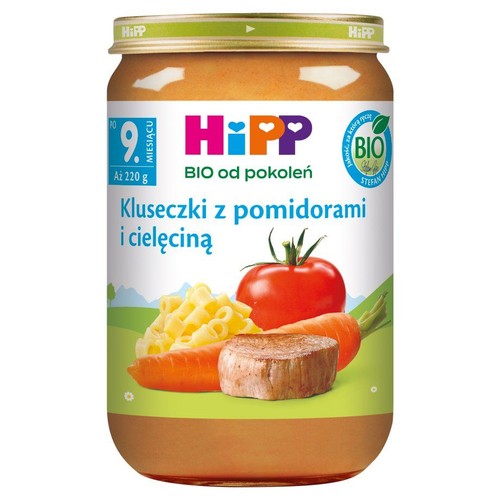 HiPP BIO Kluseczki z pomidorami i cielęciną, 220 g, dla dzieci po 9. miesiącu. Etykieta z grafiką składników.