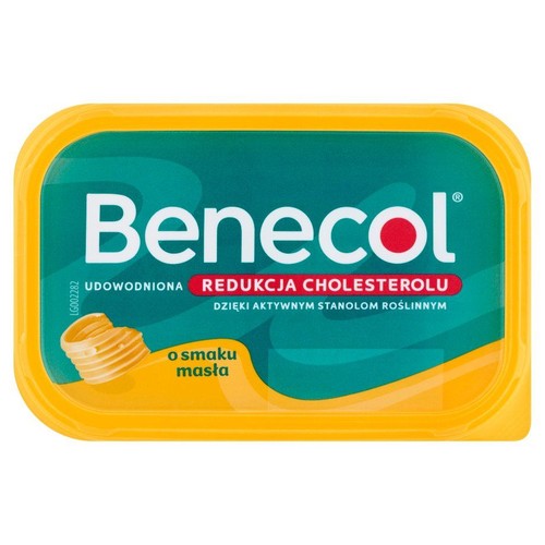 Benecol, margaryna do smarowania. Na zielonej etykiecie napis: "Udowodniona redukcja cholesterolu". Smak masła.