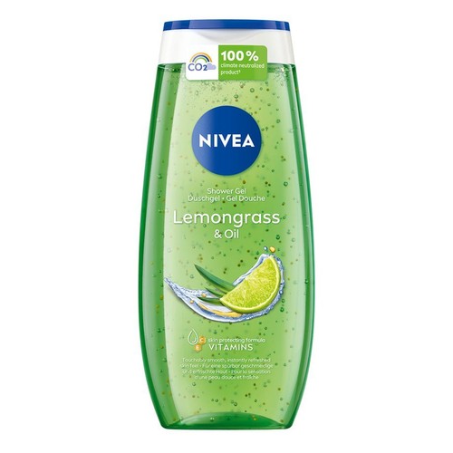Zielony żel pod prysznic NIVEA Lemongrass & Oil, produkt 100% neutralny dla klimatu.