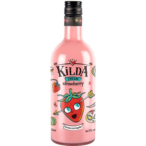 Butelka likieru KILDA CREAM strawberry, 700ml, 17% obj. alkoholu. Różowa butelka z grafiką truskawki przebitej strzałą.