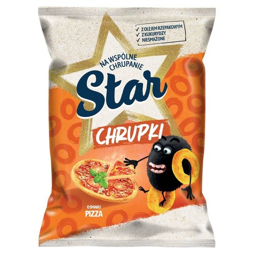 Paczka Star Chrupki Pizza. Pomarańczowe tło, złota gwiazda, napis "Star CHRUPKI", postać z chrupków i kawałki pizzy.