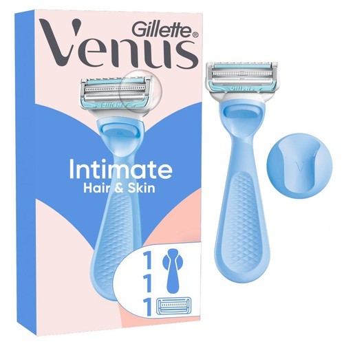 Maszynka Gillette Venus Intimate do włosów i skóry intymnej, jasnoniebieska, z uchwytem i jednym wkładem.