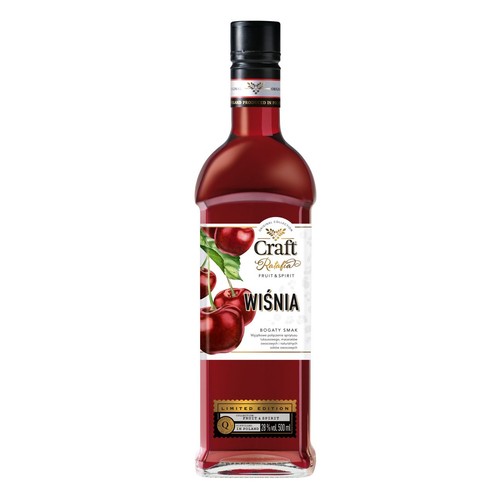 Likier owocowy Craft Ratafia Wiśnia w butelce 500ml, 28% alkoholu. Na etykiecie widnieją soczyste wiśnie. To limitowana edycja z kolekcji Original Collection, o bogatym smaku.