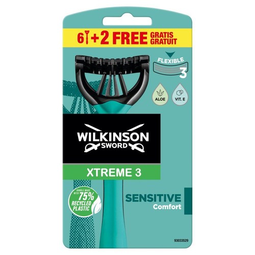 Opakowanie produktu Wilkinson Sword Xtreme 3 Sensitive. Na turkusowym tle widoczna maszynka z czarną główką. Zestaw zawiera 8 maszynek, w tym 2 gratis. 
