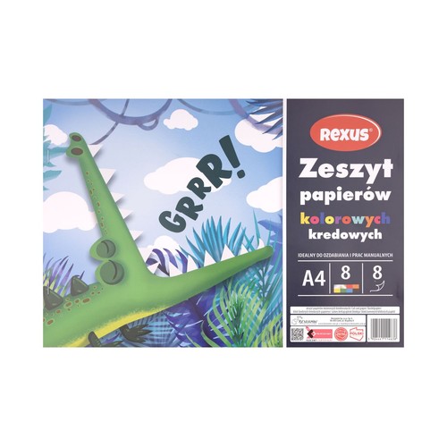Rexus, zeszyt papierów kredowych A4, 8 arkuszy, 8 kolorów. Okładka z grafiką zielonego krokodyla, który wydaje dźwięk "GRRR!". W tle błękitne niebo z chmurami i bujna, zielona roślinność. Produkt przeznaczony do ozdabiania i różnorodnych prac manualnych.