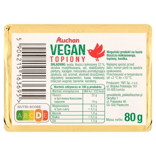 Wegański produkt topiony Auchan z tłuszczem kokosowym, w formie kostki, masa netto 80 g.
