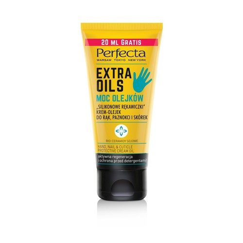 Żółta tuba kremu-olejku Perfecta Extra Oils "Moc Olejków" do rąk, paznokci i skórek. Produkt zapewnia aktywną regenerację i ochronę przed detergentami. Zawiera bio-ceramidy sojowe. Opakowanie 20 ml gratis.
