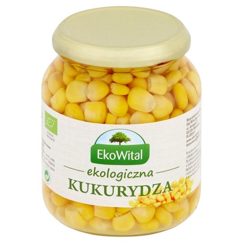 Słoik kukurydzy EkoWital. Żółte ziarna kukurydzy w zalewie, widoczna etykieta z napisem "ekologiczna KUKURYDZA".
