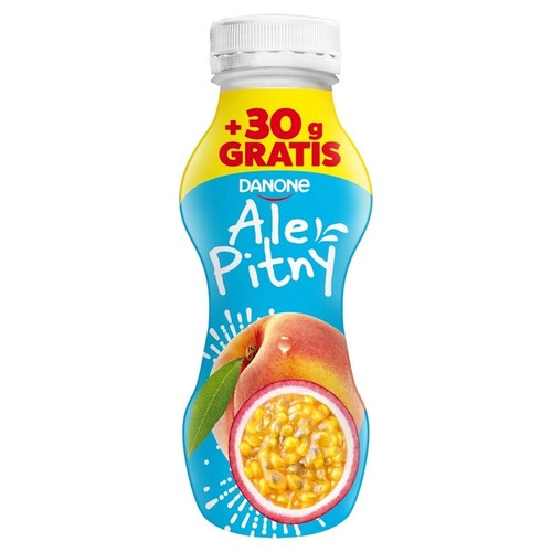 Jogurt pitny Danone Ale Pitny w niebiesko-żółtej butelce. Widoczna grafika brzoskwini i przekrojonej marakui.
