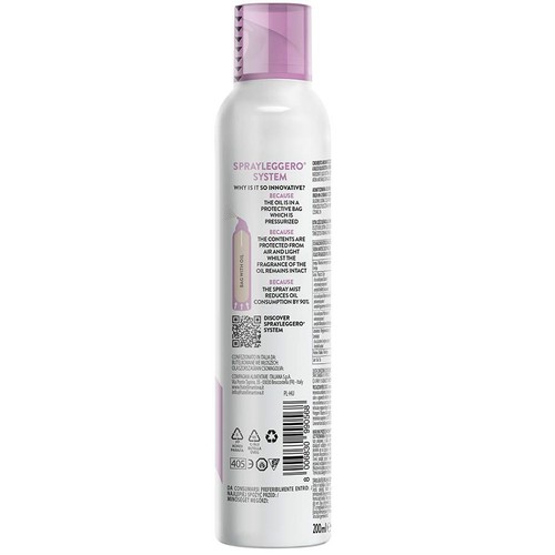 Butelka sprayu SPRAYLEGGERO SYSTEM 200 ml z fioletową nakrętką. Olej wewnątrz jest w ochronnym worku, co chroni go przed powietrzem i światłem, zachowując aromat. Mgła sprayu zmniejsza zużycie oleju o 90%.