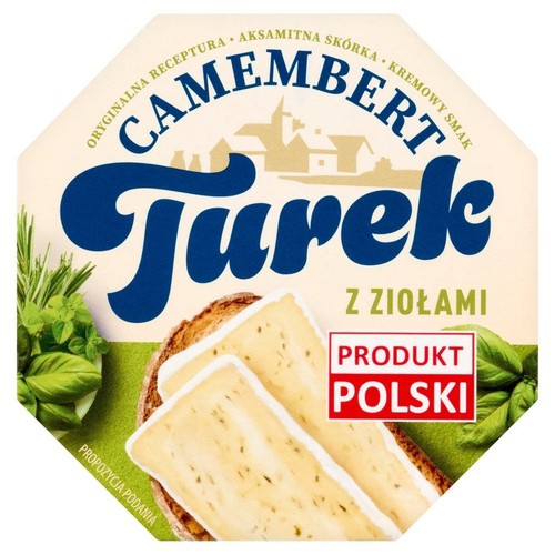 Ośmiokątne opakowanie sera Camembert Turek z ziołami. Zawiera grafikę sera na pieczywie i świeżych ziół. Etykieta informuje o polskim pochodzeniu.