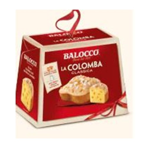 Opakowanie Balocco La Colomba Classica, tradycyjnego włoskiego ciasta wielkanocnego. Czerwone pudełko z uchwytem, na którym widnieje ilustracja ciasta w kształcie gołębicy, z lukrowaną polewą i widocznym wnętrzem z dodatkami.