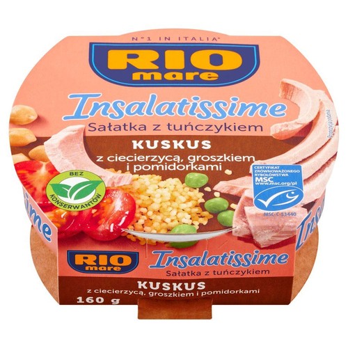 Rio Mare Insalatissime Kuskus, sałatka z tuńczykiem, ciecierzycą, groszkiem i pomidorkami, 160g. Opakowanie z grafiką gotowego dania. Produkt jest Numerem 1 we Włoszech, bez konserwantów i posiada certyfikat MSC.
