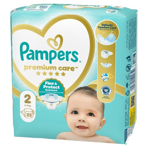 Niebieskie opakowanie pieluszek Pampers Premium Care S2 (4-8 kg), 23 sztuki. Widoczne logo i uśmiechnięte niemowlę.