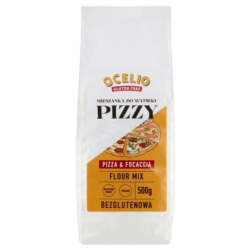 Mieszanka do wypieku pizzy i focacci Ocelio, bezglutenowa i wegańska, 500g. Opakowanie z grafiką pizzy.