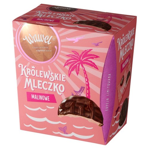 Różowe, kartonowe opakowanie Wawel Królewskie Mleczko Malinowe, edycja limitowana. Na pudełku widnieje grafika palmy, fal, ptaków oraz pojedynczego kawałka mleczka oblane czekoladą.