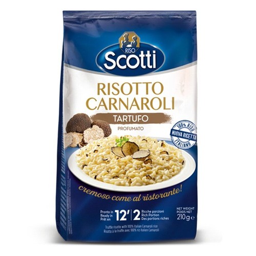 Opakowanie Riso Scotti Risotto Carnaroli z truflami, 210g. Na froncie talerz kremowego risotto z plastrami trufli oraz całe trufle. Produkt gotowy w 12 minut, na 2 porcje.