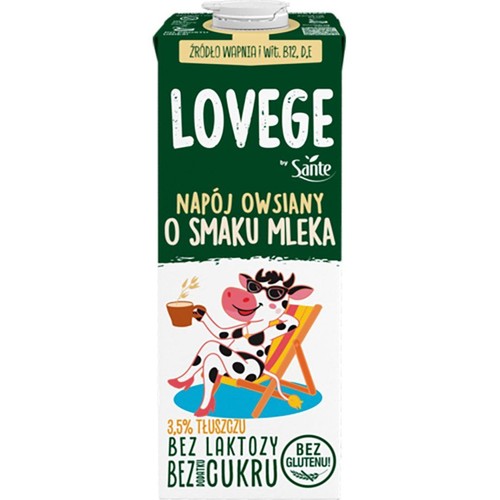 Napój owsiany Lovege Sante o smaku mleka, bez laktozy, cukru i glutenu. Z grafiką krowy na leżaku.