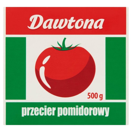 Czerwono-zielone opakowanie przecieru pomidorowego Dawtona, zawierające 500 gramów produktu. Centralna część etykiety przedstawia duży, soczysty, czerwony pomidor z zielonymi listkami, symbolizujący świeżość składników.