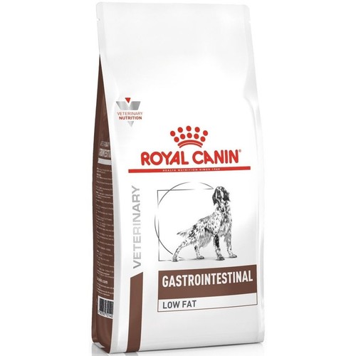 Biało-brązowa torba karmy Royal Canin Veterinary Gastrointestinal Low Fat dla psów, 1,5 kg. Na froncie grafika psa.