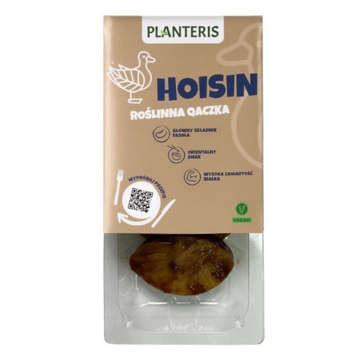 Opakowanie Planteris Hoisin Roślinna Kaczka. Produkt wegański z fasoli, o orientalnym smaku i wysokiej zawartości białka. Widoczny kawałek produktu.