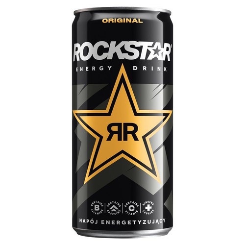 Napój energetyczny Rockstar Original w czarnej puszce ze złotą gwiazdą. Produkt zawiera kofeinę, witaminy B i C, żeń-szeń oraz taurynę.