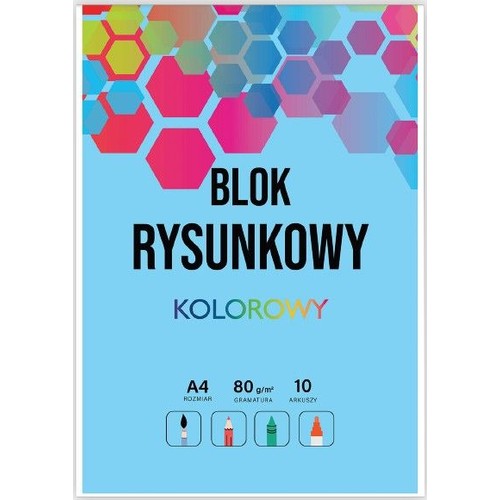 Kolorowy blok rysunkowy w formacie A4, z 10 arkuszami papieru o gramaturze 80 g/m². Okładka w jasnoniebieskim kolorze z barwnymi, geometrycznymi heksagonami u góry. Idealny do rysowania ołówkiem, kredkami, flamastrami i farbami.