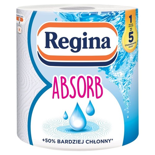 Rolka ręcznika papierowego Regina Absorb. Opakowanie z motywem wody, informacja: 1 rolka = 5 standardowych.