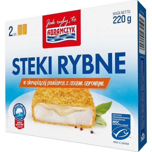 Opakowanie Abramczyk Steki Rybne w chrupiącej panierce z sosem serowym, 2 sztuki, masa netto 220 g. Na zdjęciu stek rybny z sosem.