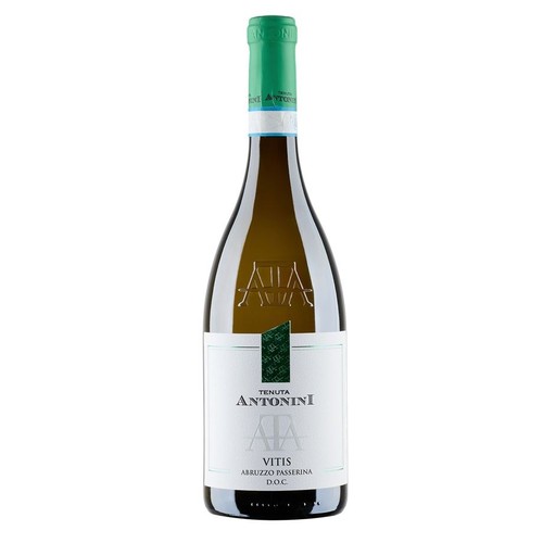Butelka wina Tenuta Antonini Vitis Abruzzo Passerina D.O.C. z zielonym kapslem. Na białej etykiecie widnieje nazwa marki i produktu, a także zielony, pionowy wzór. Butelka stoi na białym tle.