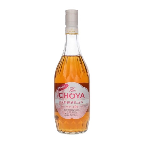Butelka japońskiego bezalkoholowego wina śliwkowego The Choya. Etykieta z napisem "The Choya" i "Nie upija!".