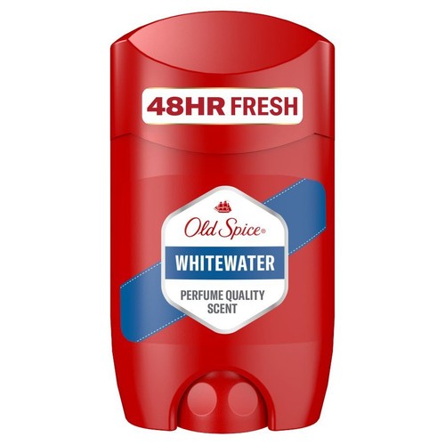 Dezodorant w sztyfcie Old Spice Whitewater w czerwonym opakowaniu. Etykieta zawiera logo Old Spice, nazwę 'Whitewater' i 'zapach jakości perfum'.