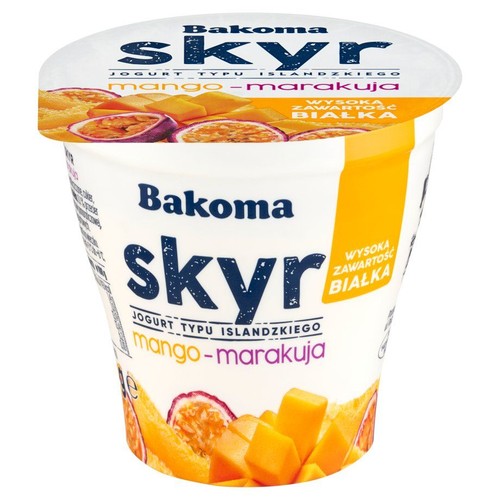 Jogurt Bakoma Skyr o smaku mango i marakui. Na opakowaniu widoczne owoce i informacja o wysokiej zawartości białka.