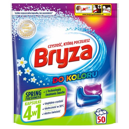 Opakowanie kapsułek Bryza 4w1 do koloru, 50 sztuk. Zapewniają głęboką czystość i ekstra świeżość. Laur Konsumenta 2020.