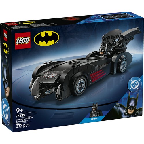 Zestaw konstrukcyjny LEGO Batman & Robin Batmobile, numer 76333. Na opakowaniu widoczny czarny Batmobil z czerwonymi akcentami i figurką Batmana. Produkt zawiera 272 klocki, rekomendowany dla wieku 9+.