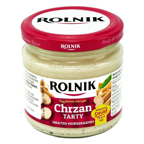Słoik tartego chrzanu ROLNIK z czerwoną zakrętką. Na etykiecie napis "Kuchenne klasyki" i grafika korzeni chrzanu.
